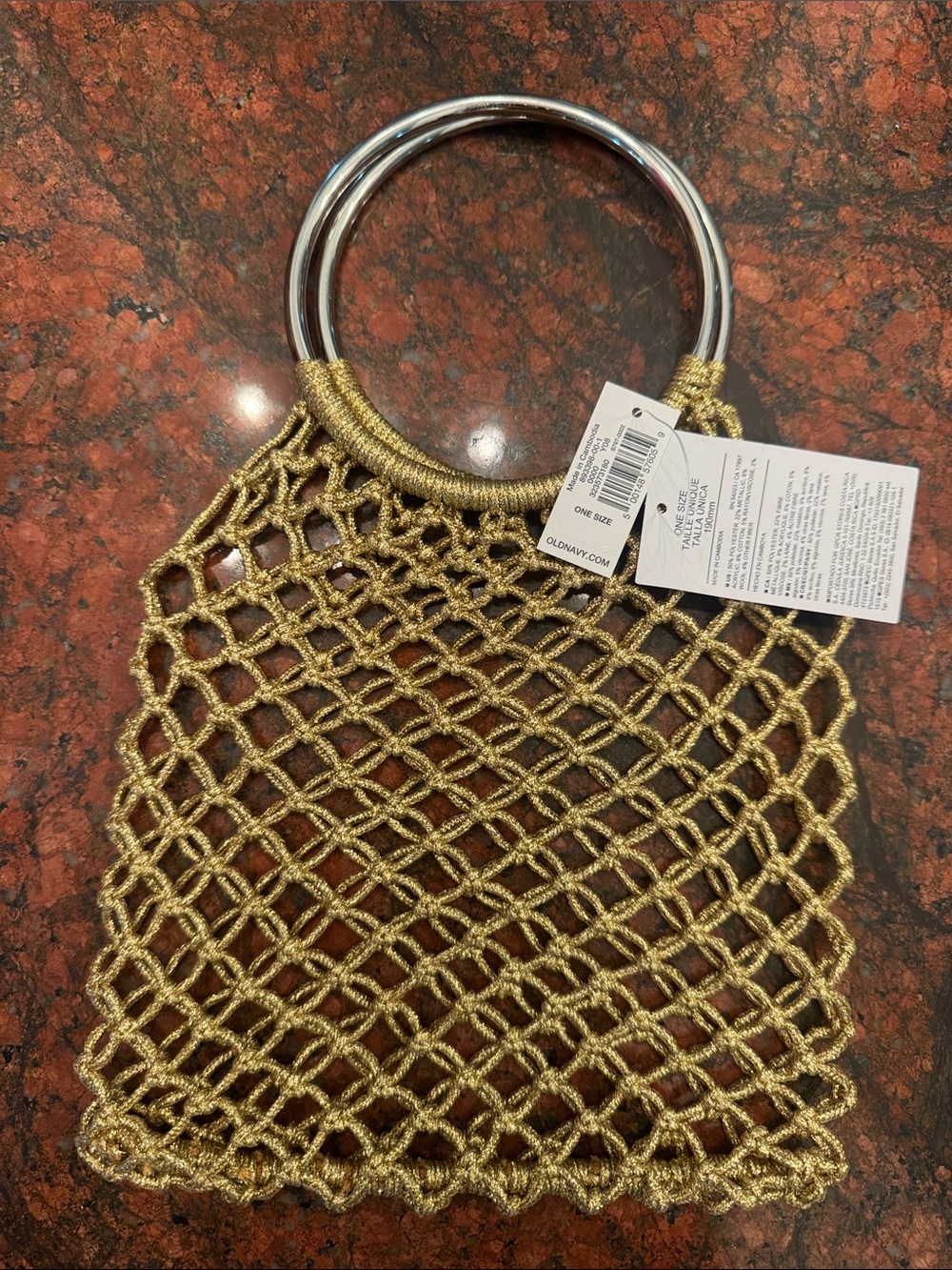 Old Navy Gold Mesh Mini Bag with Silver Ring Handles